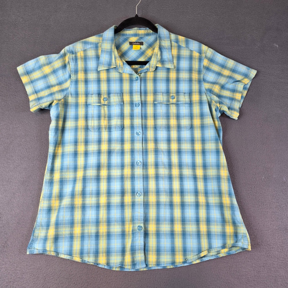 Cabelas Plaid Button Up Women Large Blue Yellow Short Sleeve Outdoor Top